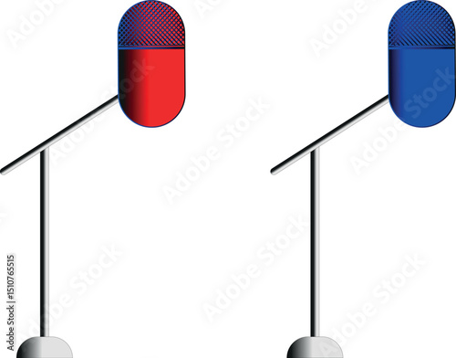 Illustration of red and blue microphones on stands isolated on white background for podcast and broadcasting design  
