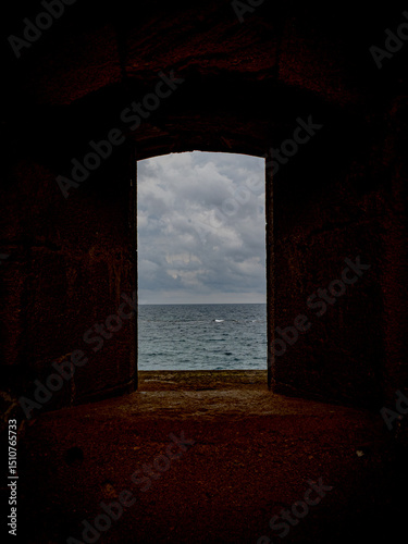 Mediterranean sea seen from a window of the Castello Maniace, Syracuse, Sicily