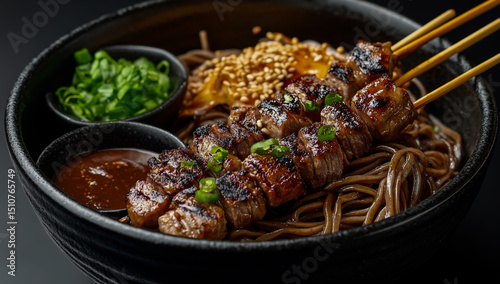A black bowl filled with noodles, accompanied by satay-style grilled meat skewers and a portion of delicious bean sauce, is placed on a sleek black background 