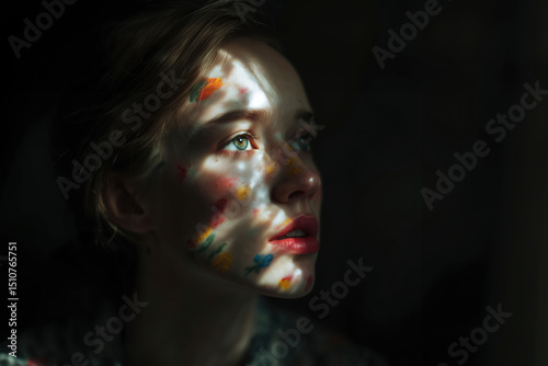 A Pensive Portrait: Woman's Face Lit by Colorful Shadows. An Artistic and Evocative Image, Full of Mystery and Beauty. photo