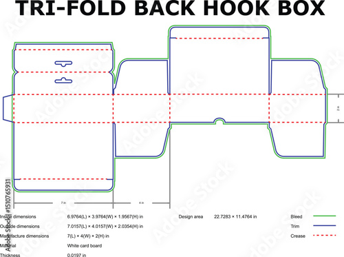 Detailed blueprint illustration of a tri fold back hook box packaging template design