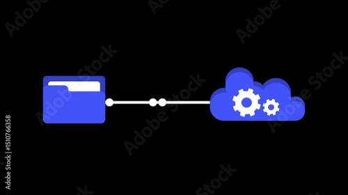 Animated Cloud File Transfer with Gear Icons, a digital folder transferring files to cloud storage, automation and data synchronization.
