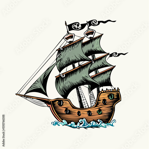 Old School Sailing Ship Tattoo – Traditional Nautical Vector