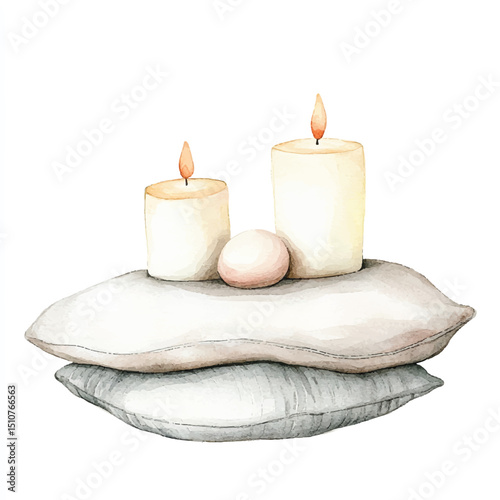 Watercolor Meditation Corner with Candles and Plants  Relaxation Illustration
