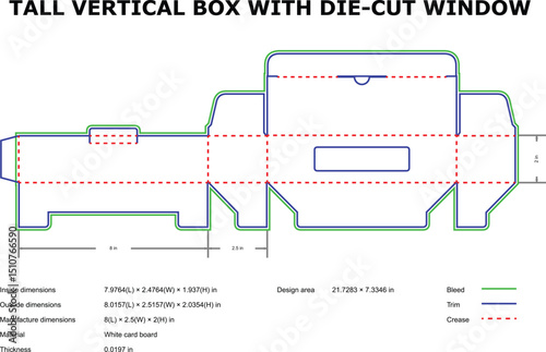 Die cut template for vertical packaging box with window and dimensioned blueprint