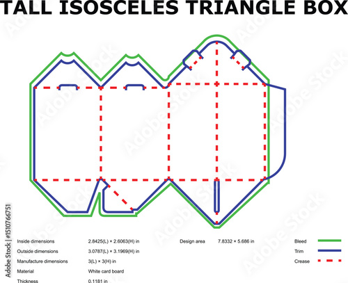 Detailed vector diagram of a tall isosceles triangle box design for packaging and crafts