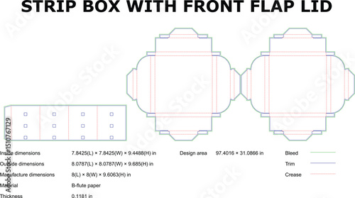 Detailed strip box front flap lid vector template with technical dimensions and specifications