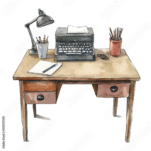 Minimalist Desk, watercolor painting vector, high quality, isolated on a white background.