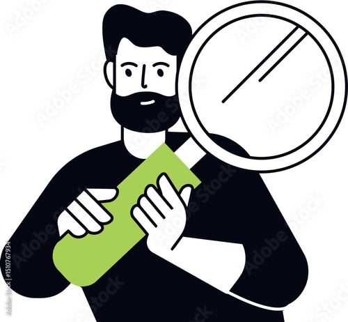 Illustration of man with magnifying glass search analysis research investigation looking closely examining 100 vector art illustration