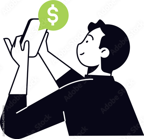 Man using mobile phone for online banking payments money transfer earning cash app business finance 100 vector art illustration