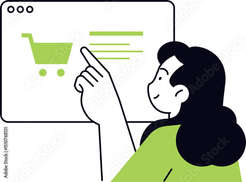 Woman online shopping ecommerce store digital marketing retail website purchase product cart 100 char vector art illustration