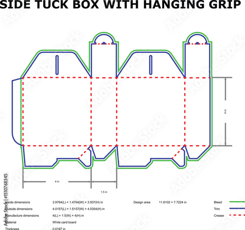 Detailed blueprint of a side tuck box with a hanging grip design on white background