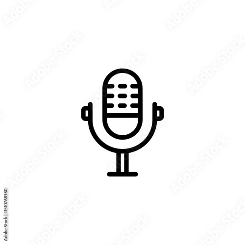 Black microphone broadcasts audio within white studio graphic
