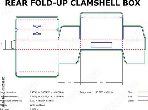 Detailed template of rear fold-up clamshell box showing dimensions and cut lines