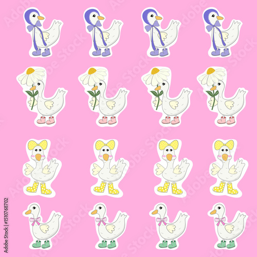 Colorful cartoon ducks on pink background