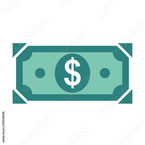 Illustration of a simple green paper dollar bill with a dollar sign in the center symbolizing money and currency