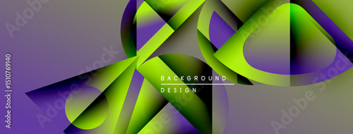 Abstract design features vibrant green, purple gradients. Fluid shapes overlap creating dynamic visual effect. Modern background texture.