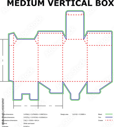 Flat die-cut template for a medium vertical box design with dimension markings ready for production.