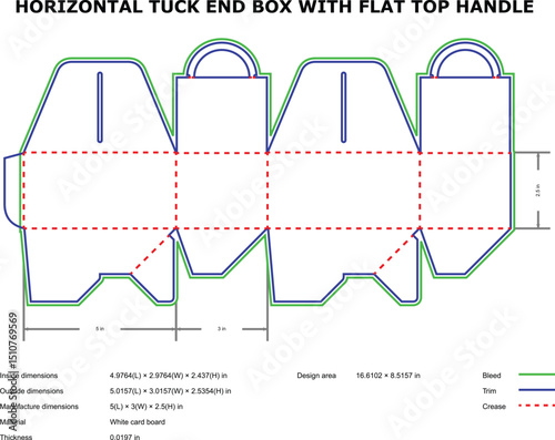 Vector diagram of horizontal tuck end box packaging with a flat top handle