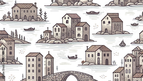 seamless vector doodle illustration of old houses