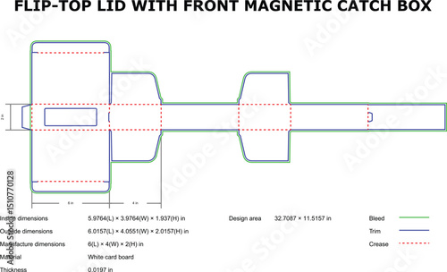 Die cut template design of flip top lid box with front magnetic catch closure details