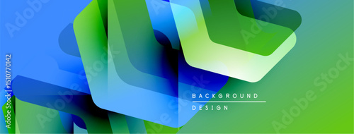 Abstract geometric shapes overlap, creating vibrant blue, green gradients. Modern design suggests technology, innovation, fluidity.