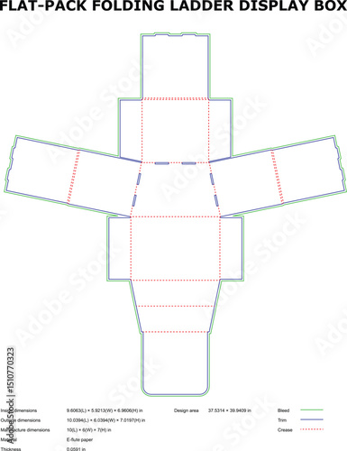 Flat pack folding ladder display box packaging design layout showing the dimensions and creases