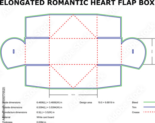 Detailed schematic illustration of an elongated romantic heart flap box ready for printing and assembly.