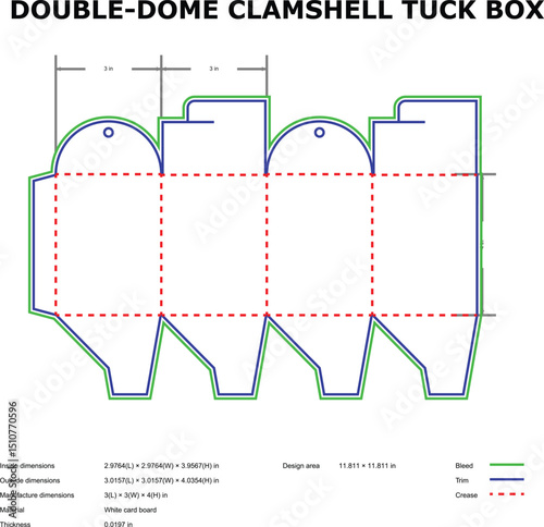 Detailed schematic diagram of a double dome clamshell tuck box template for packaging design