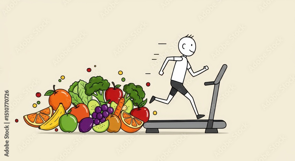 Fototapeta premium A stick figure runs on a treadmill amidst colorful fruits and veggies, promoting wellness