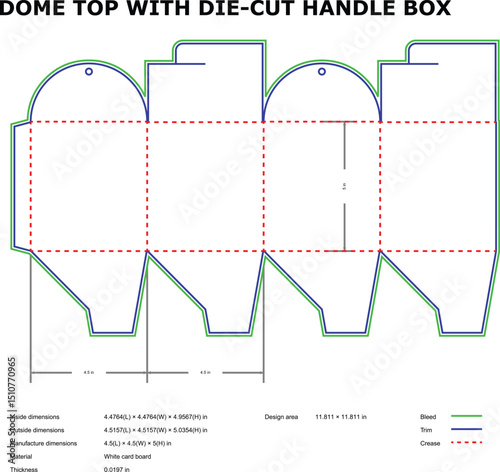 Vector illustration of a die-cut dome top box template showing measurements and dimensions clearly.