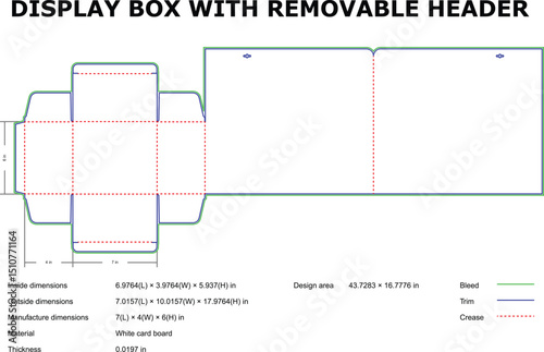 Display box template design for retail packaging with removable header and dimension measurements