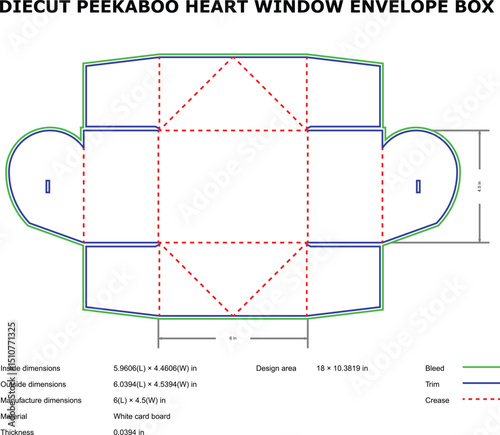 Detailed die cut template with heart window envelope box dimensions and design specifications