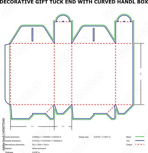 Detailed design diagram of a tuck end box with curved handle for gift packaging