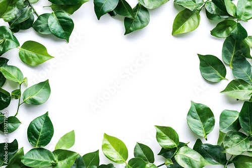 Vibrant green leaves frame on white background