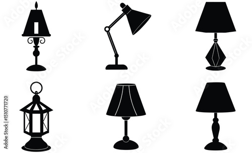 Table Lamp Silhouette Vector Set – Classic and Modern Indoor Lighting Icons, Decorative Bedside and Desk Light Designs for Home, Office, and Interior Projects