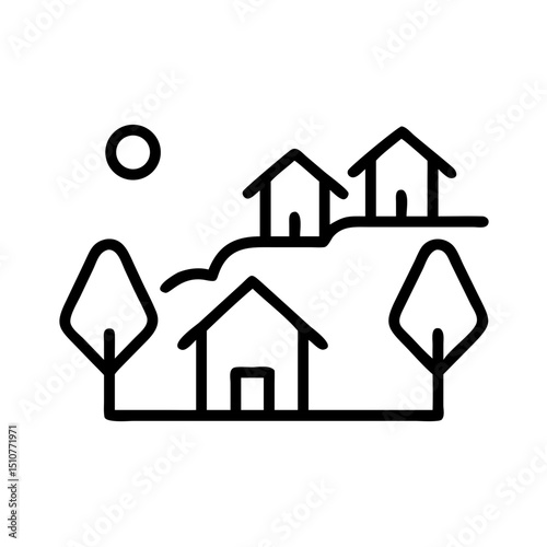 Line art of houses on a hillside with trees and sun  