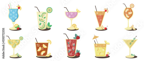 Collection of icons with alcoholic cocktails with no background.Cosmopolitan,Mojito,Mai Tai, Blue Lagoon, Tequila Sunrise, Dirty Martini, Aperol, Negroni, Margarita.Beverage set. Vector illustration. 