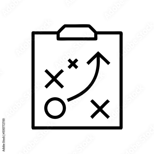 Strategy plan on clipboard with arrows and marks in black outline  