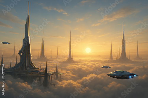 Futuristic cityscape with towering spires above the clouds, illuminated by a golden sunset, featuring flying vehicles in a serene and otherworldly atmosphere.