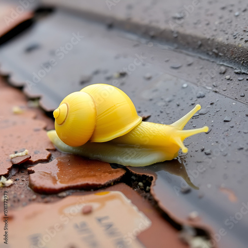 Indrella ampulla is a beautiful yellow wet snail which is moving slowly on the damaged roof.