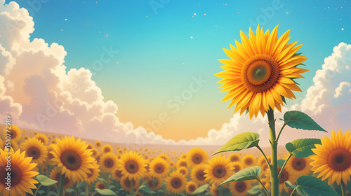 Vibrant Sunflower Blooming on a Color-Spectrum Sky, A Whimsical Illustrative Design