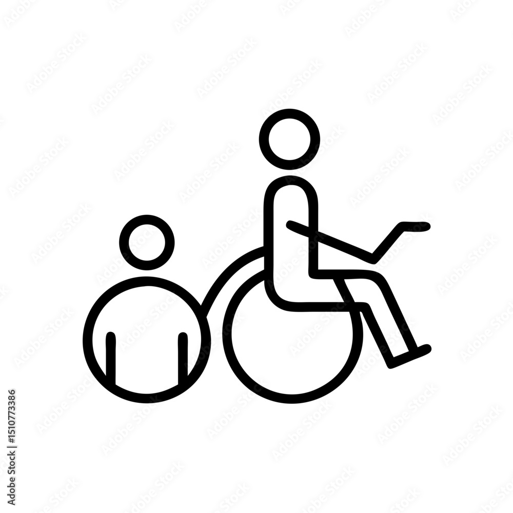 Obraz premium Two people, one using wheelchair, in simple line illustration