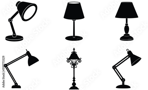 Table Lamp Silhouette Vector Set – Classic and Modern Indoor Lighting Icons, Decorative Bedside and Desk Light Designs for Home, Office, and Interior Projects