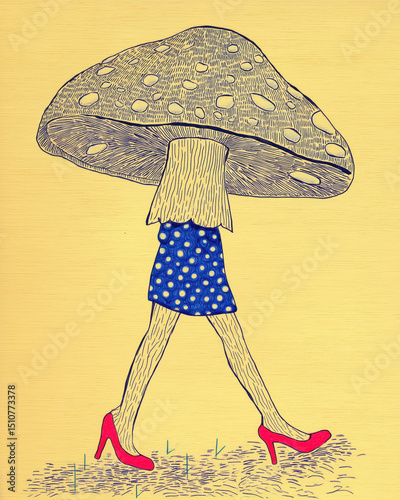 Surreal Art illustration, doodle, hand drawing of Person, girl with Mushroom Head, legs wearing high heels walking. artsy, artistic, funny, cute creative hand drawn illustration