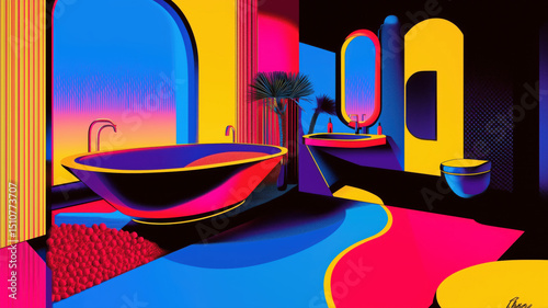 Unique Retro Futuristic master bathroom interior design, plush, mod, colorful and cool, stylish unique bright vibrant cartoon illustration in Googie architecture art tomorrowland style