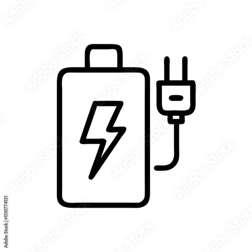 Battery with charging symbol and plug icon in simple design  