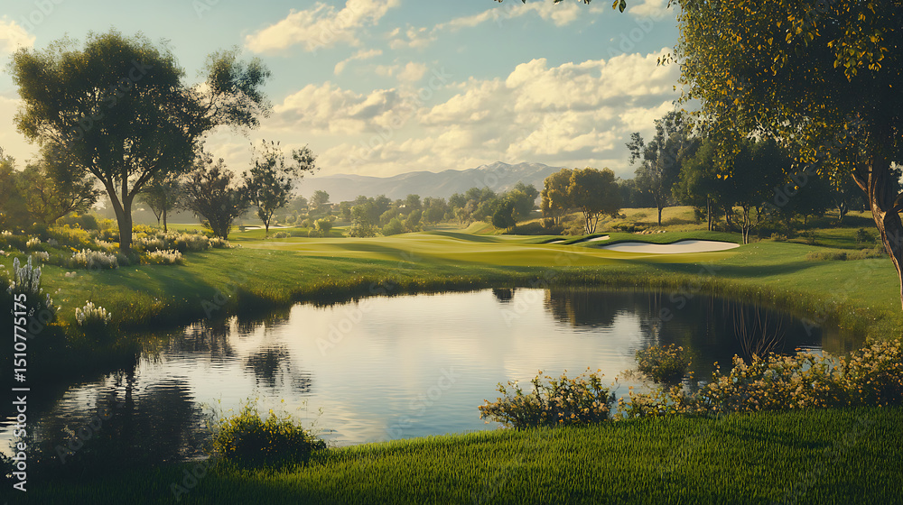 Fototapeta premium Serene Golf Course with Lush Greenery and Reflective Pond