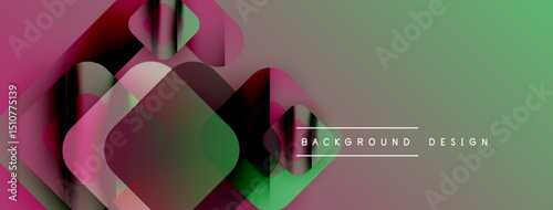 Abstract geometric shapes overlap, creating vibrant color gradients. Modern design with pink, green, purple hues. Background texture visible.