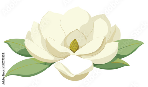 Elegant white magnolia blossom with green leaves